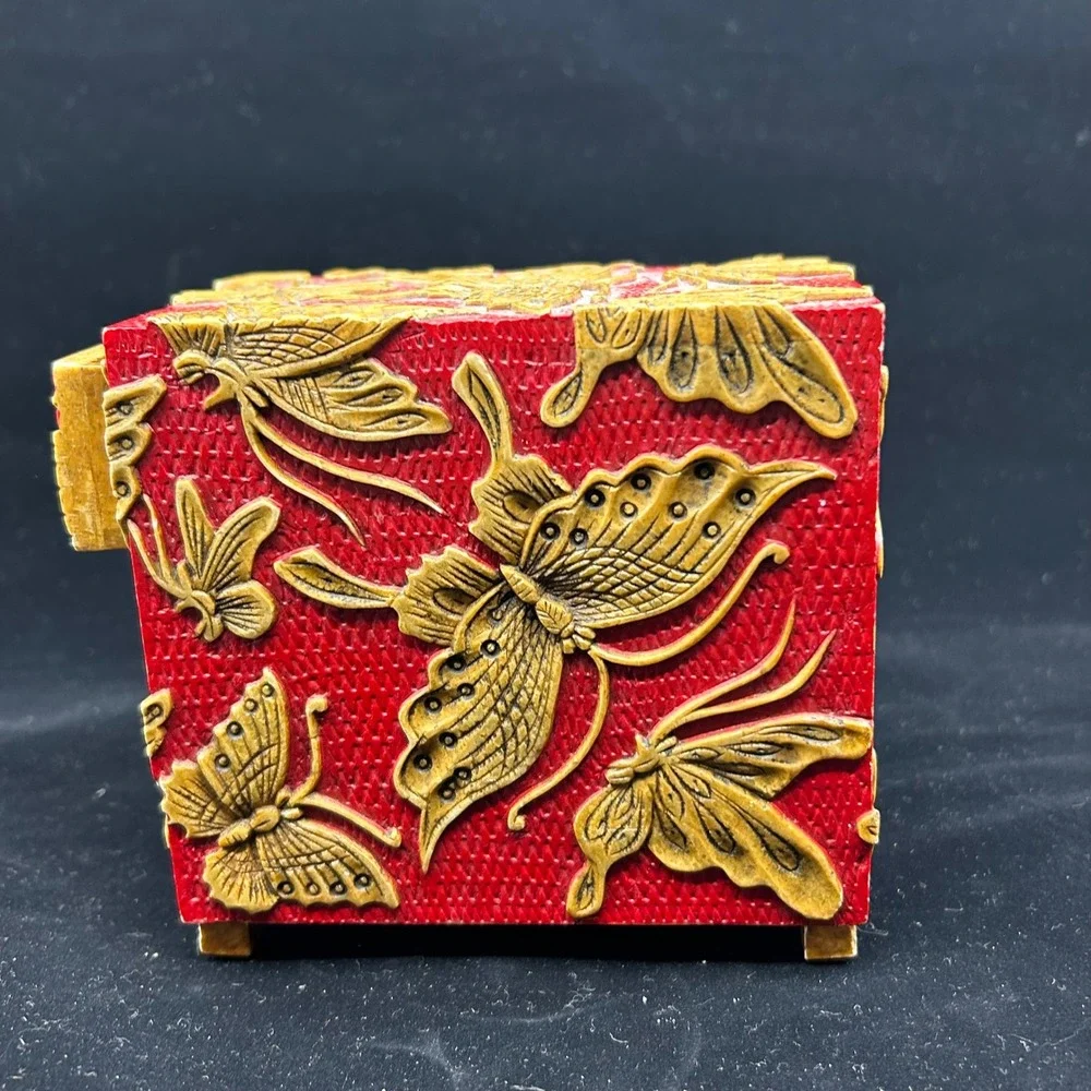 Carved Soapstone Vietnam Handmade Red Carved Butterfly Jewelry Drawer Box